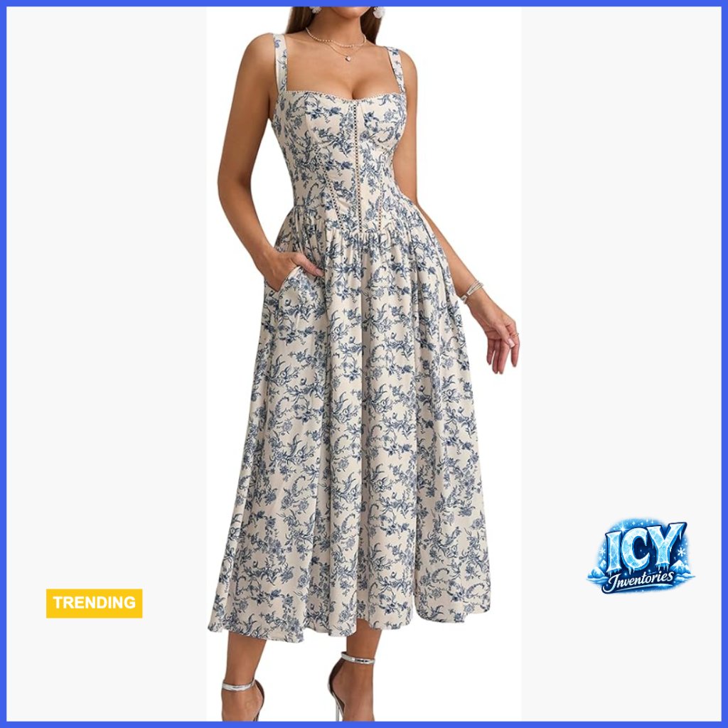 Floral Corset Midi Dress With Pockets, Flowy Slit Summer Wedding Guest